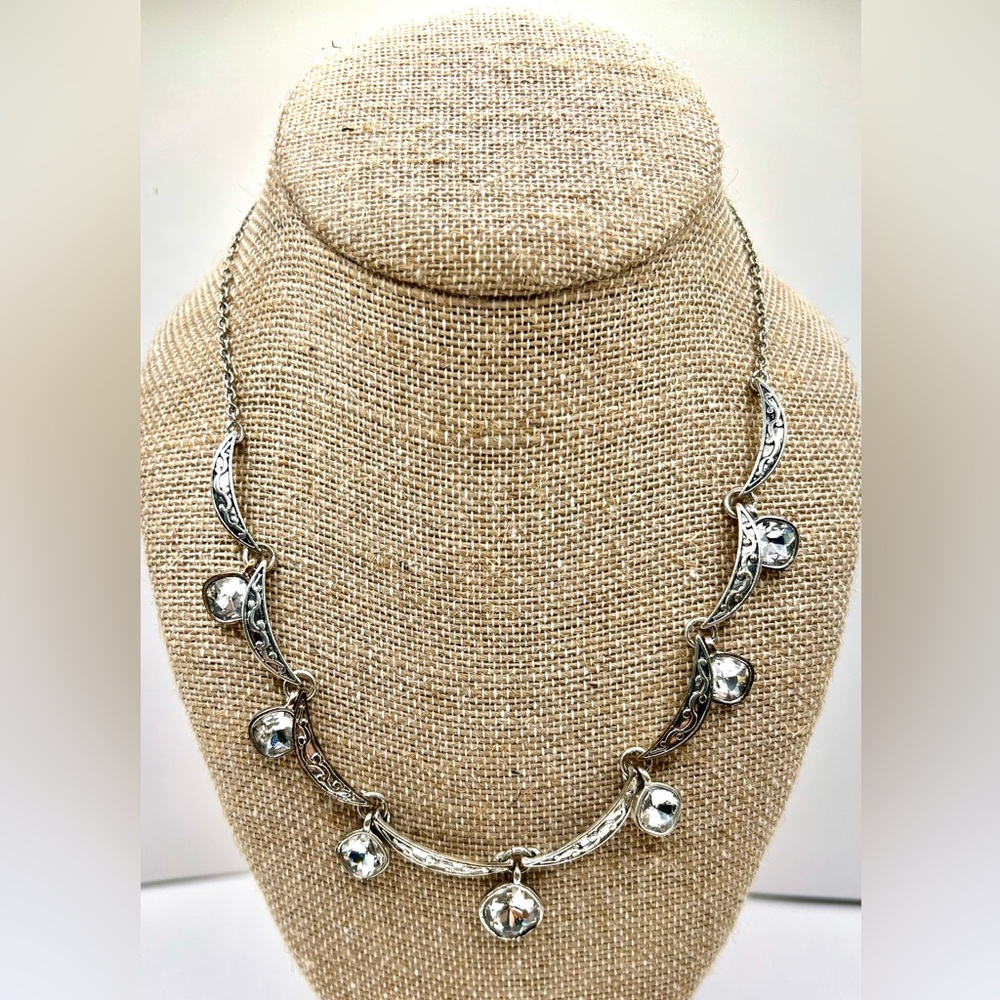 RARE Vintage Crown Trifari Silver Tone Necklace with Faceted Rhinestone Accents